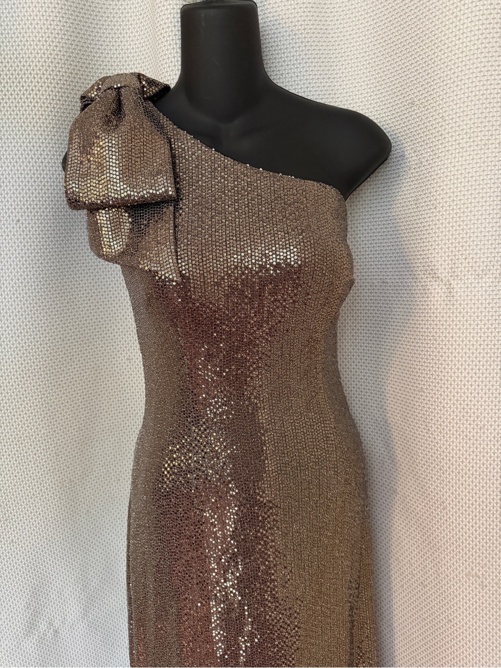 Eliza J One-Shoulder Metallic Bronze Bow-Accent Maxi Dress